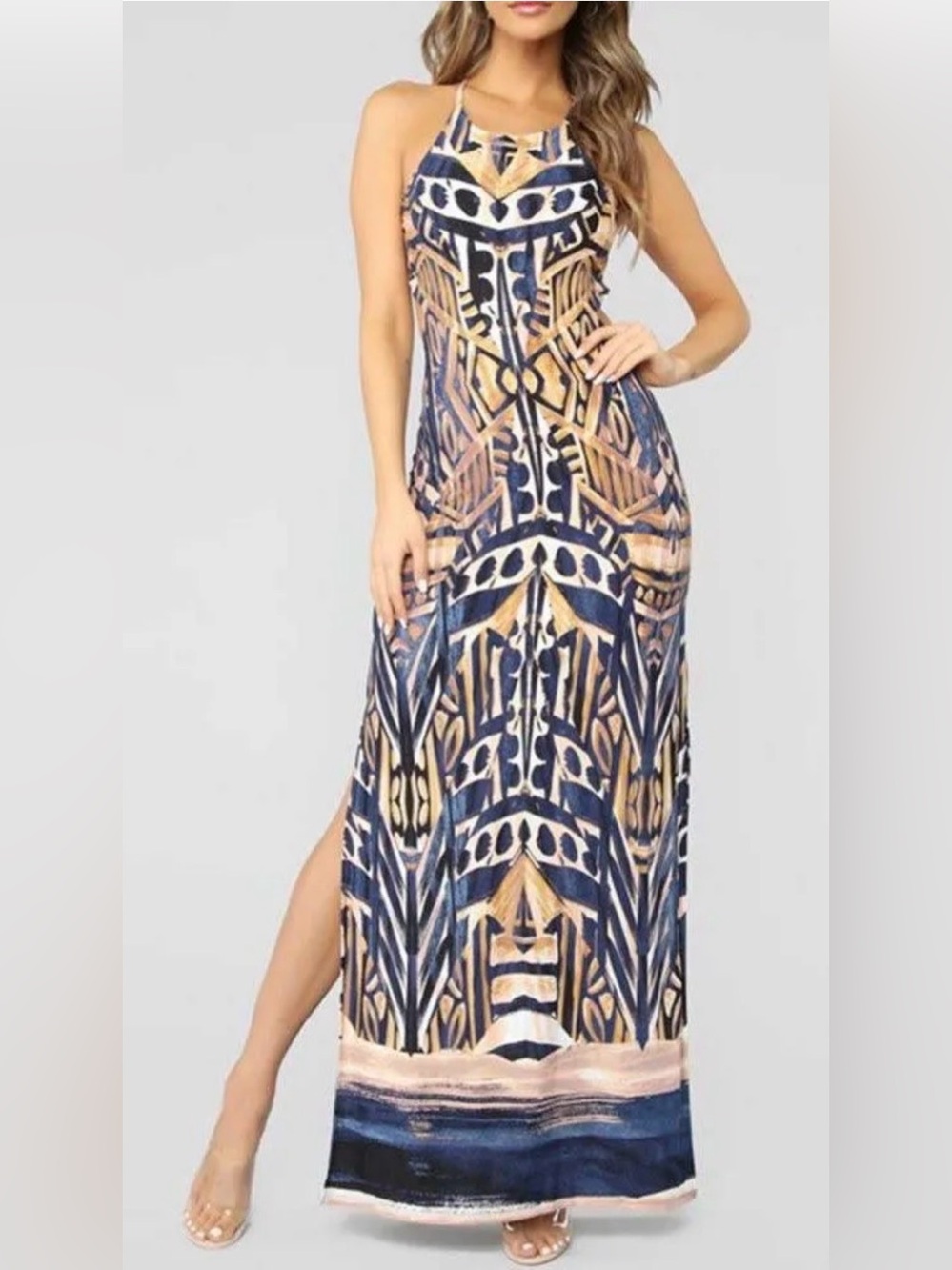 Grevergate Navy and Tan Geometric Maxi Dress - Women